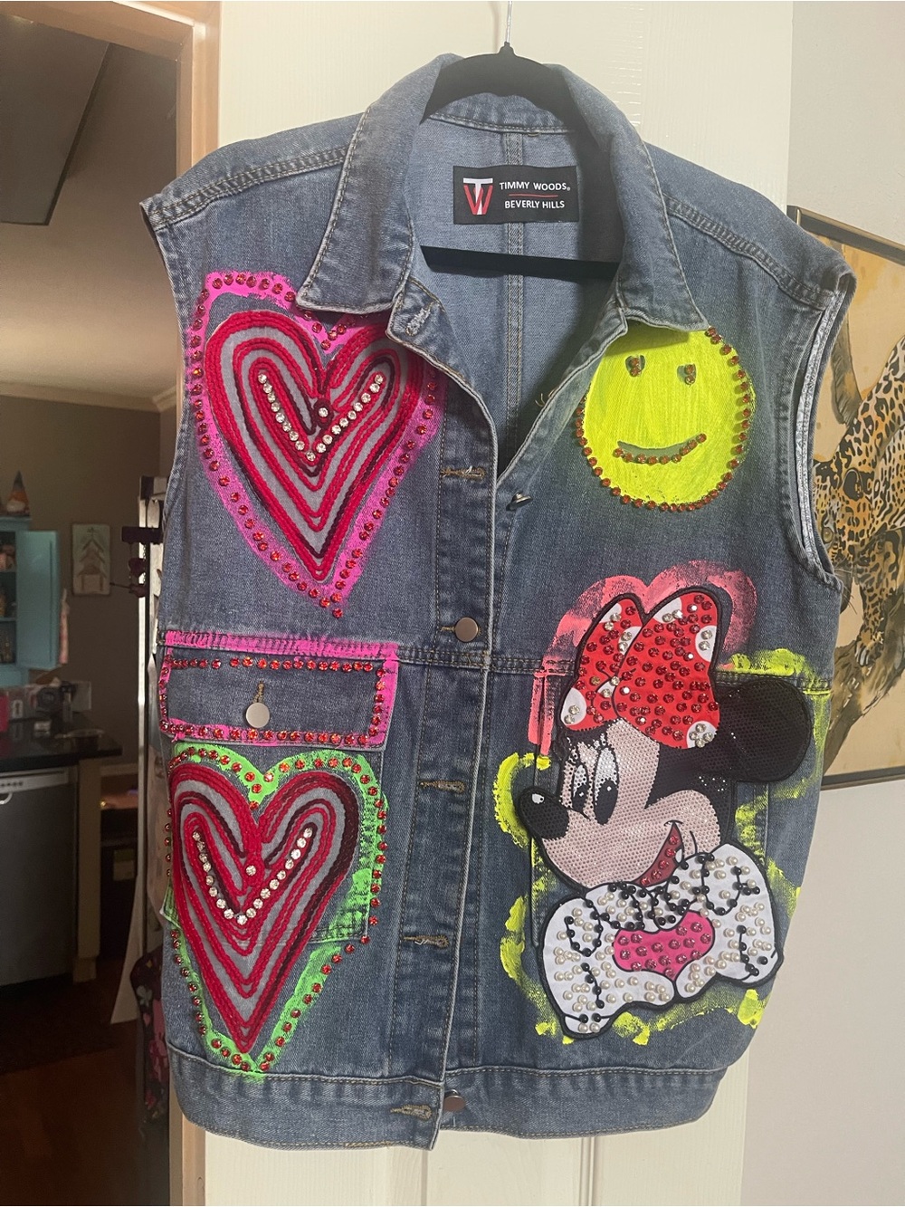 Timmy Woods Blue Denim Vest with Neon Pink & Yellow Accents Minnie Mouse